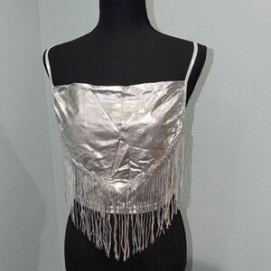 🫶🏼Metallic Silver Fringe Crop Top with Spaghetti Straps size Medium